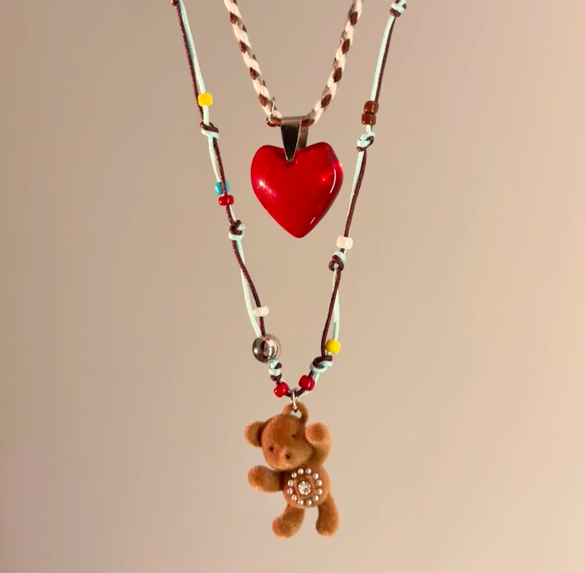 Boho Beaded Layered Necklace Set - Red Heart & Fuzzy Bear Charm, Y2K Vintage Style Multi-Strand Necklaces for Women, Handmade Bohemian Jewelry