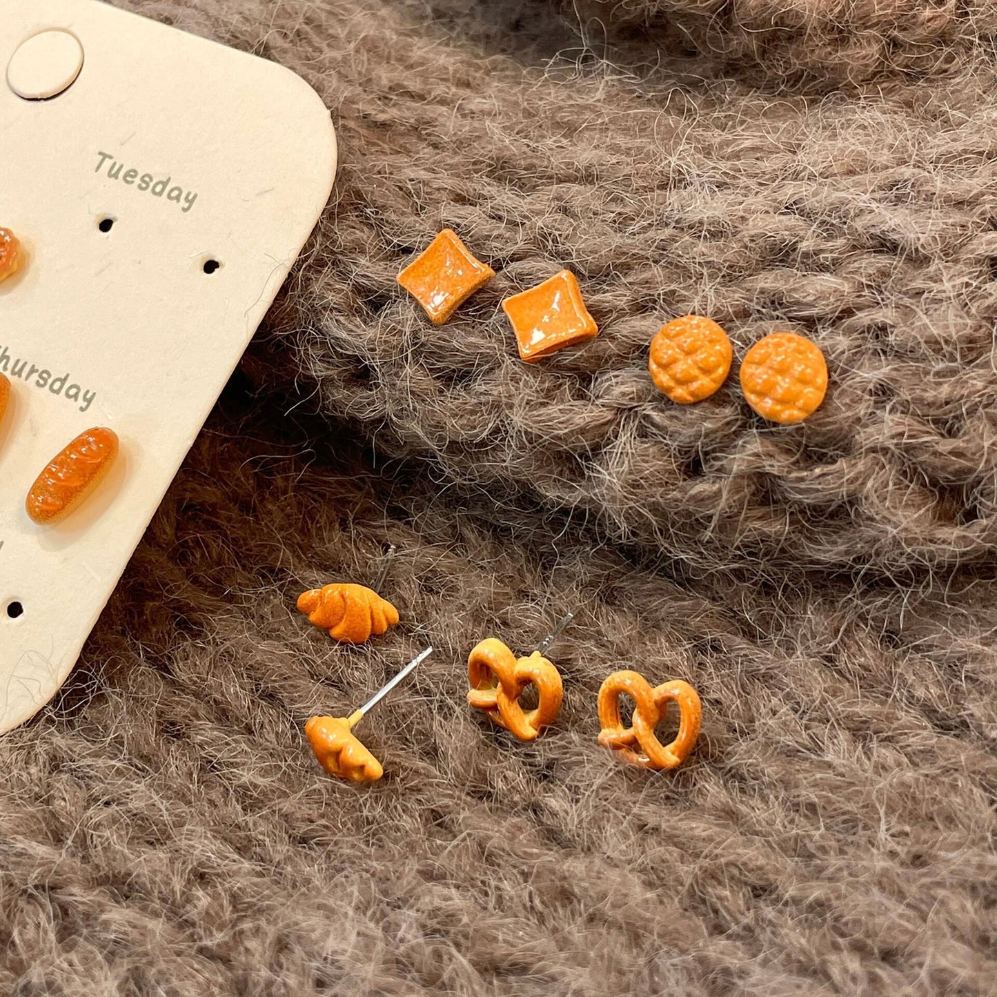 Cute Bread Lover Stud Earrings Set | 7 Pairs Weekly Artisan Bakery Earrings (Pretzel, Croissant, Cookie)