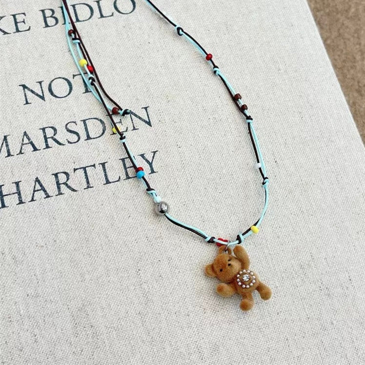 Boho Beaded Layered Necklace Set - Red Heart & Fuzzy Bear Charm, Y2K Vintage Style Multi-Strand Necklaces for Women, Handmade Bohemian Jewelry