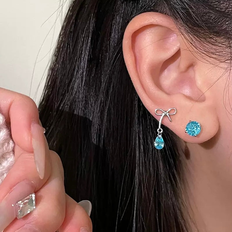 Shiny Blue Cubic Zirconia Bowknot Stud Earrings