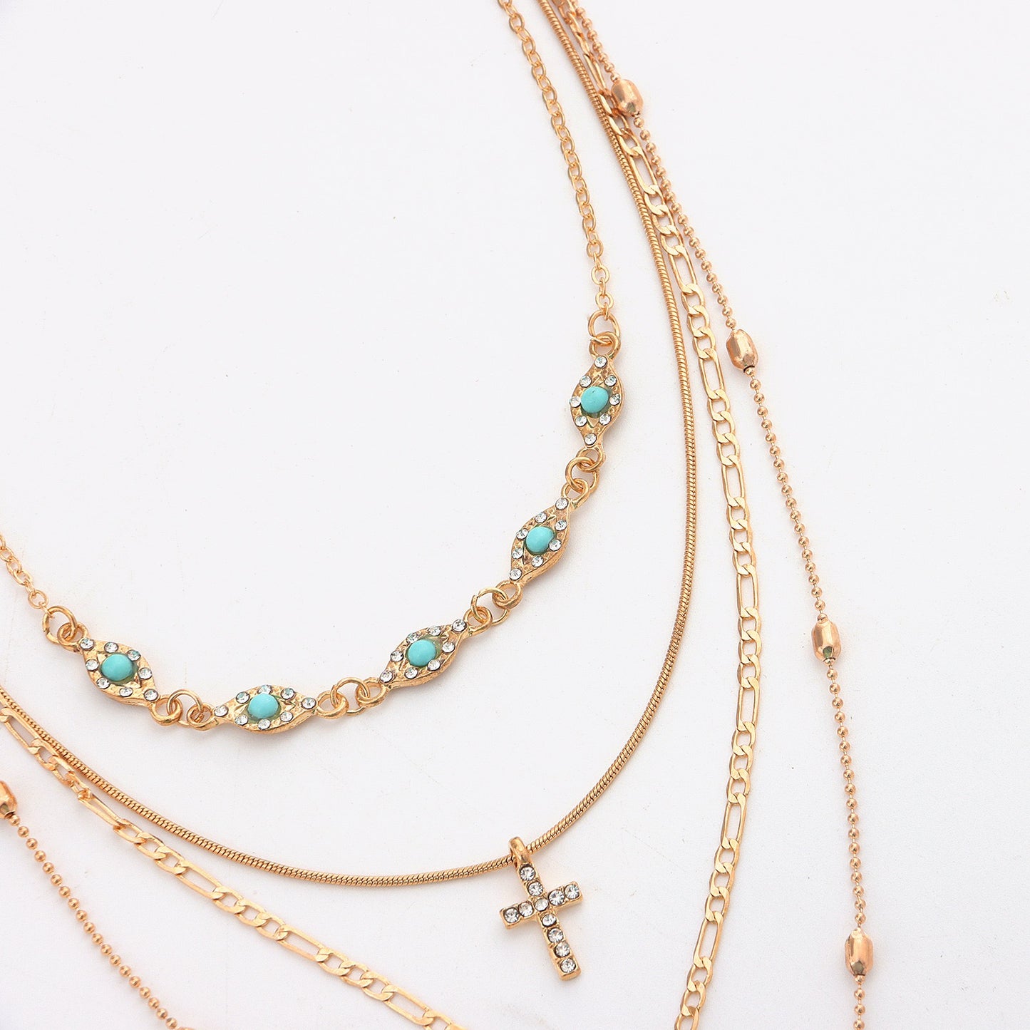 Multi-Layer Link Chain Necklace with Hollow Floral Design and Crystal Cross Pendant