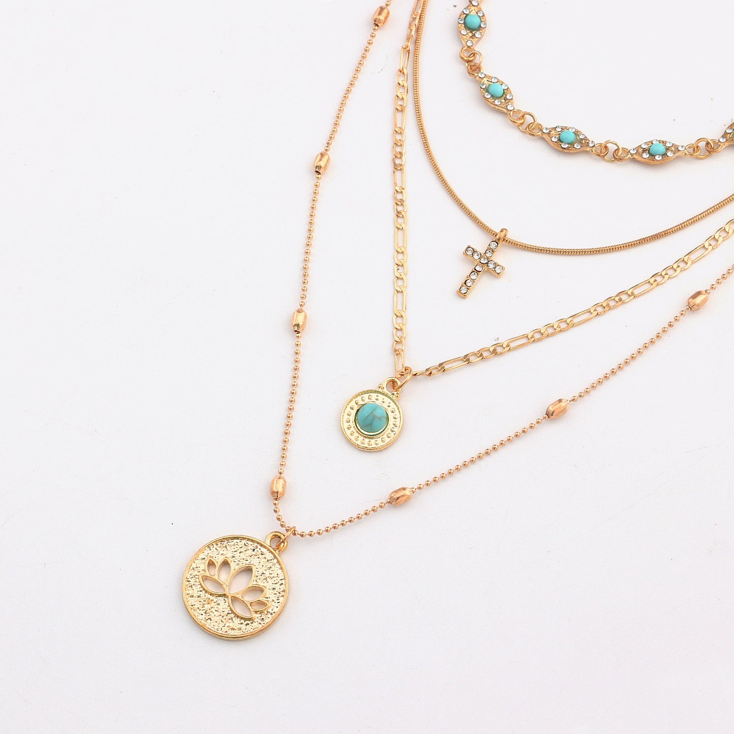 Multi-Layer Link Chain Necklace with Hollow Floral Design and Crystal Cross Pendant