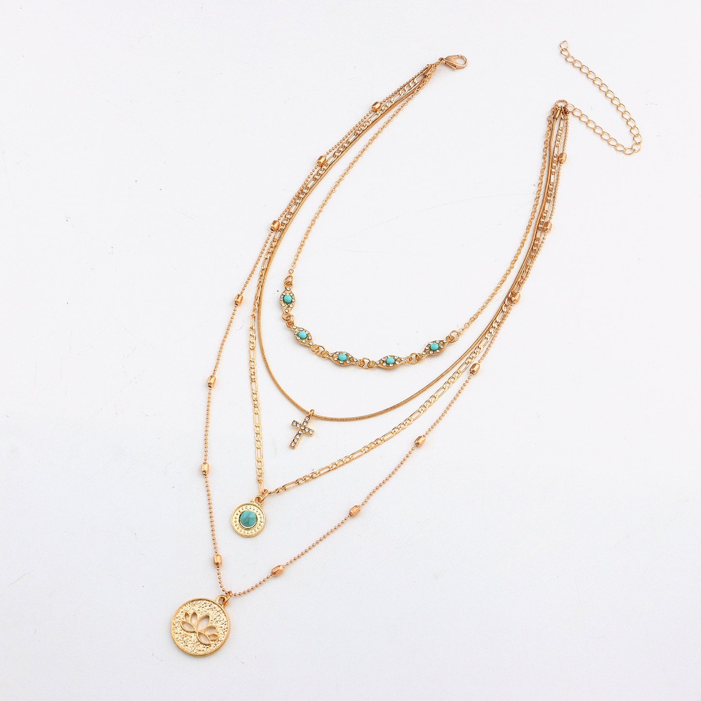 Multi-Layer Link Chain Necklace with Hollow Floral Design and Crystal Cross Pendant