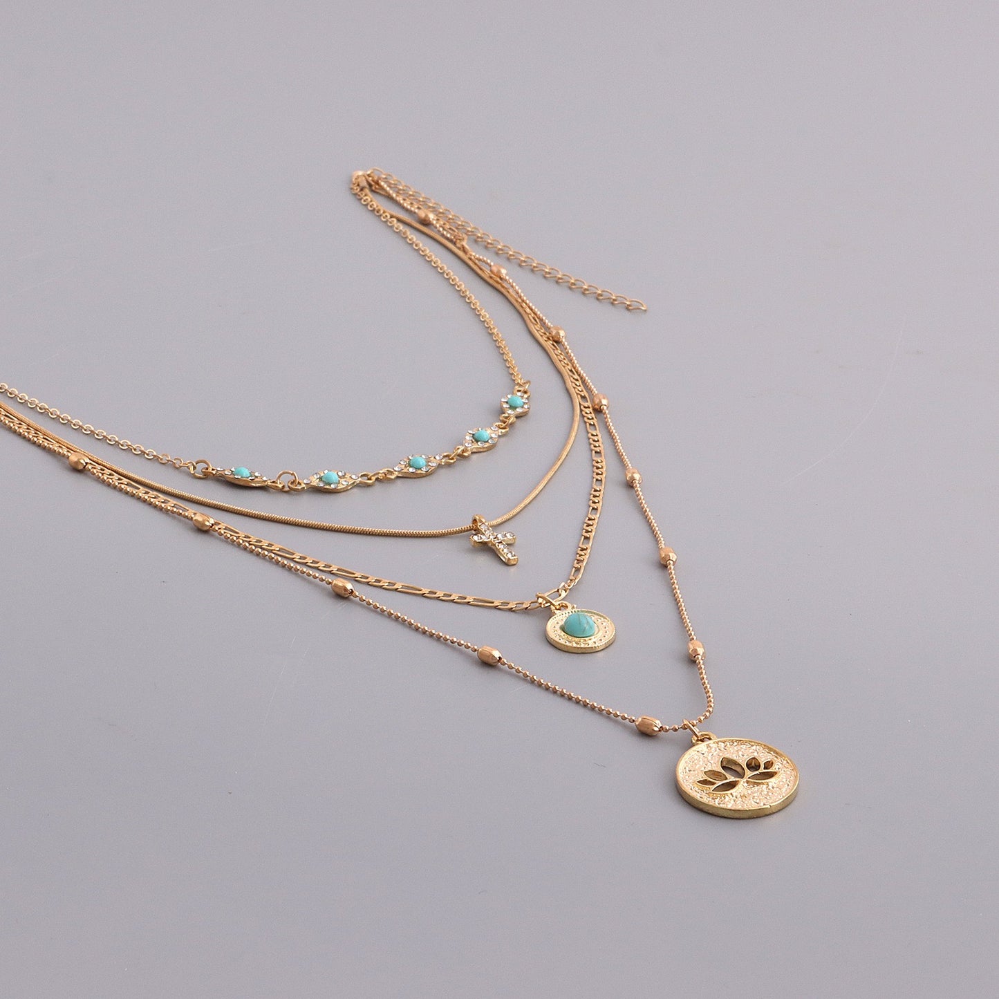 Multi-Layer Link Chain Necklace with Hollow Floral Design and Crystal Cross Pendant