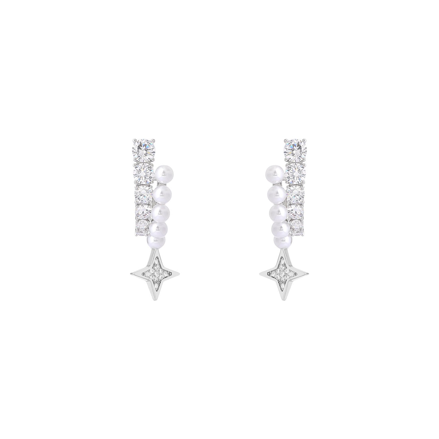 Silver Crystal Pearl Star Moon Asymmetric Hoop Earrings