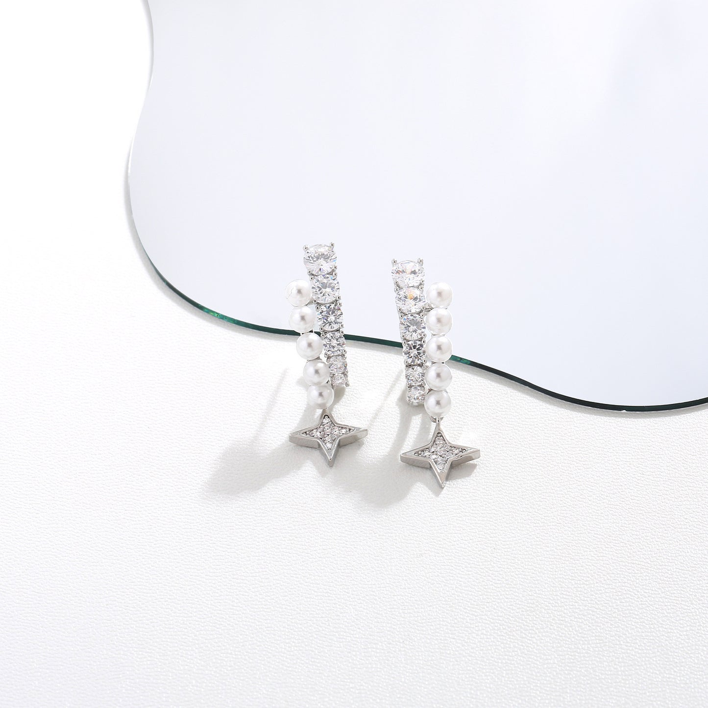 Silver Crystal Pearl Star Moon Asymmetric Hoop Earrings