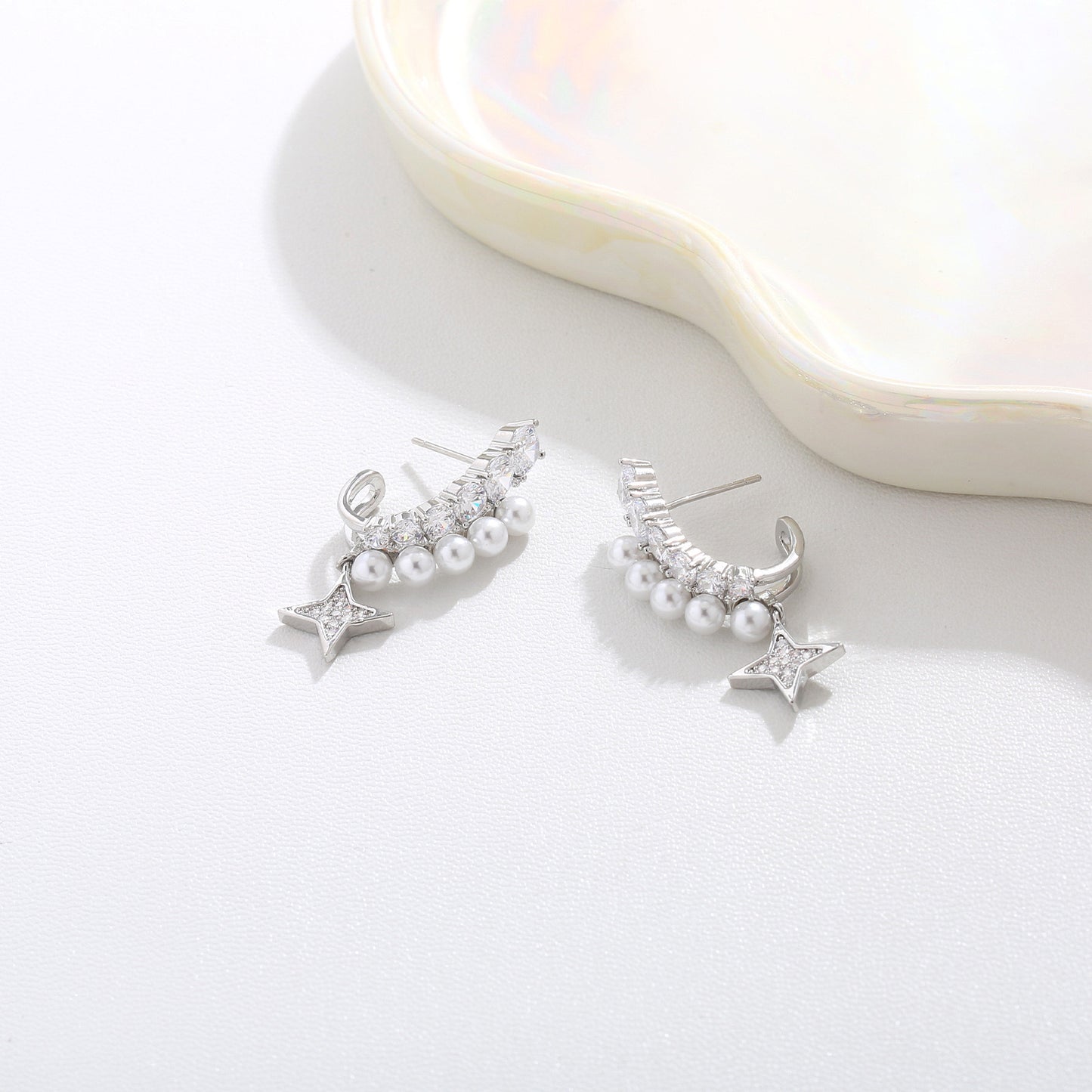 Silver Crystal Pearl Star Moon Asymmetric Hoop Earrings