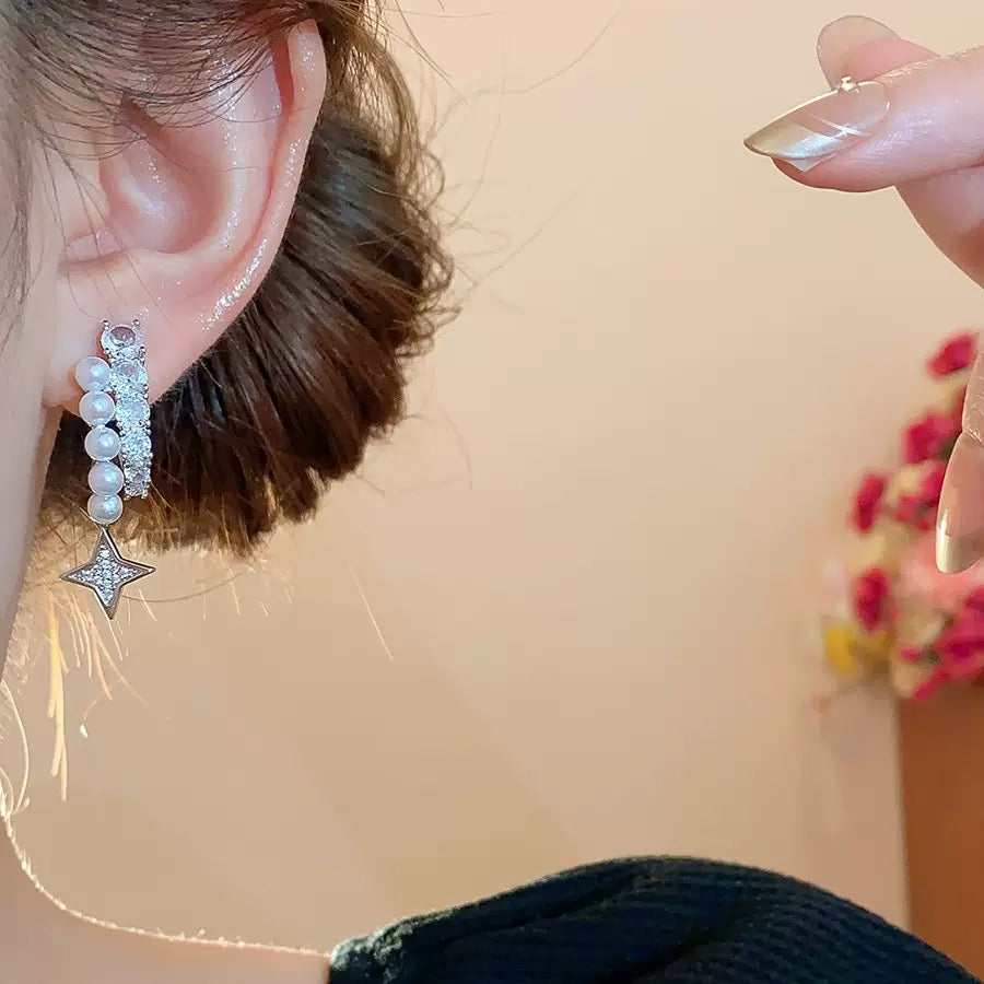 Silver Crystal Pearl Star Moon Asymmetric Hoop Earrings