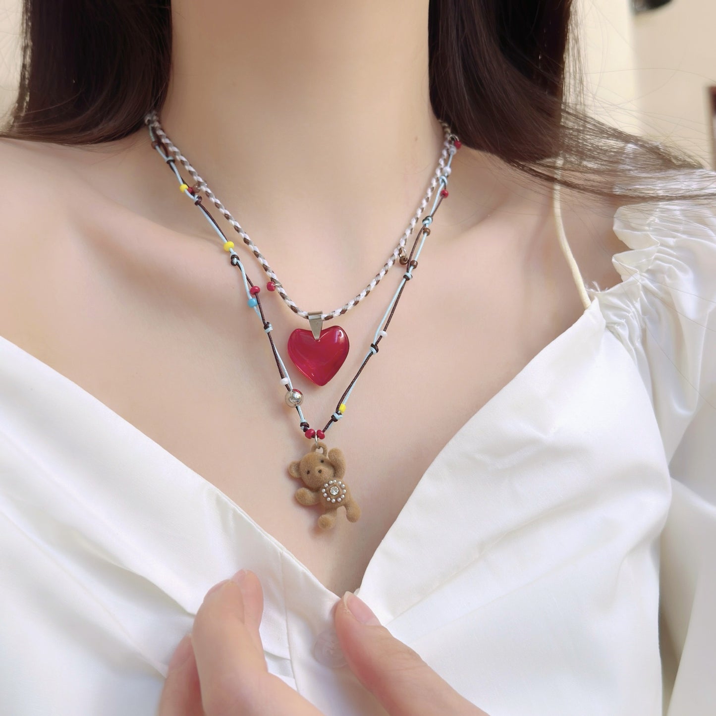 Boho Beaded Layered Necklace Set - Red Heart & Fuzzy Bear Charm, Y2K Vintage Style Multi-Strand Necklaces for Women, Handmade Bohemian Jewelry