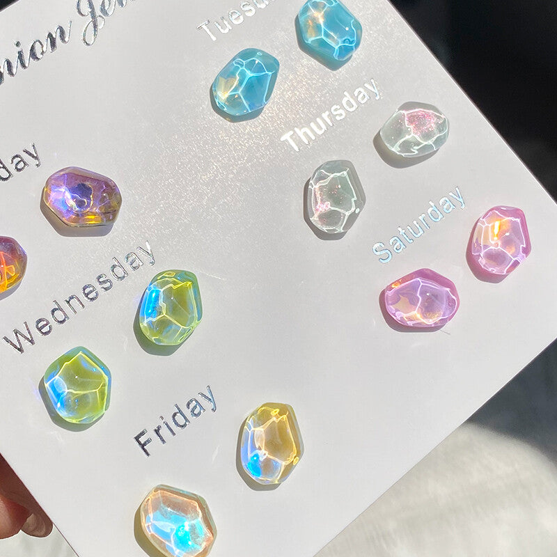 12-Piece Ice Clear Colorful Stone Stud Earrings Set | S925 Sterling Silver Needle | Weekly Daily Wear Jewelry for Women