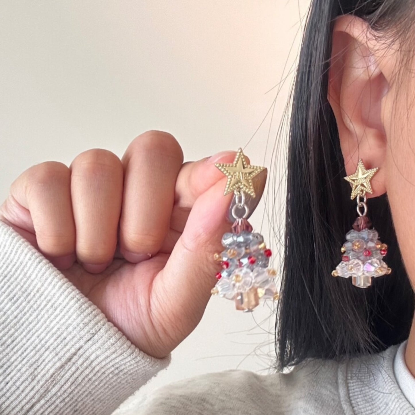 Christmas Star & Crystal Tree Drop Earrings - Handmade Beaded Holiday Jewelry