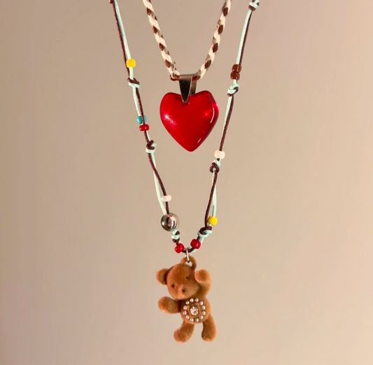 Boho Beaded Layered Necklace Set - Red Heart & Fuzzy Bear Charm, Y2K Vintage Style Multi-Strand Necklaces for Women, Handmade Bohemian Jewelry
