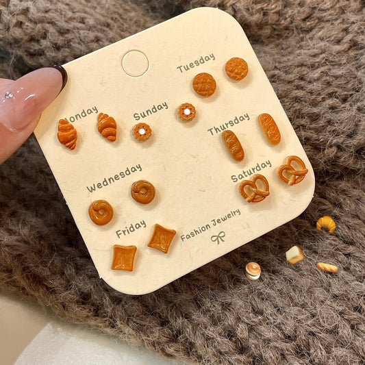 Cute Bread Lover Stud Earrings Set | 7 Pairs Weekly Artisan Bakery Earrings (Pretzel, Croissant, Cookie)