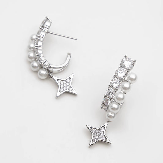 Silver Crystal Pearl Star Moon Asymmetric Hoop Earrings