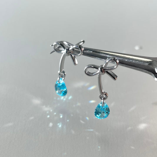 Shiny Blue Cubic Zirconia Bowknot Stud Earrings