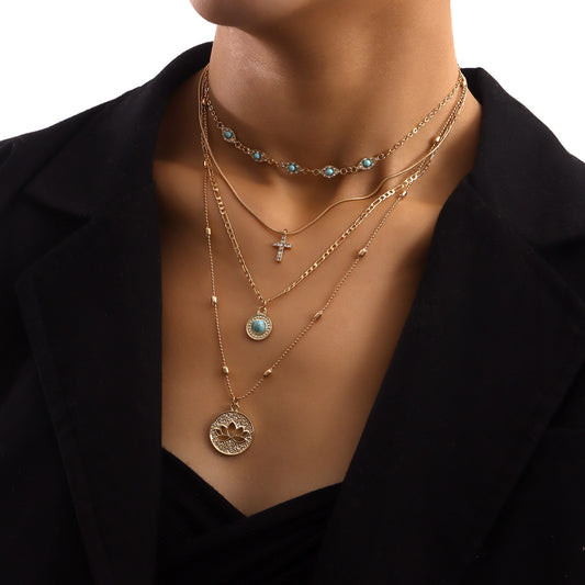 Multi-Layer Link Chain Necklace with Hollow Floral Design and Crystal Cross Pendant