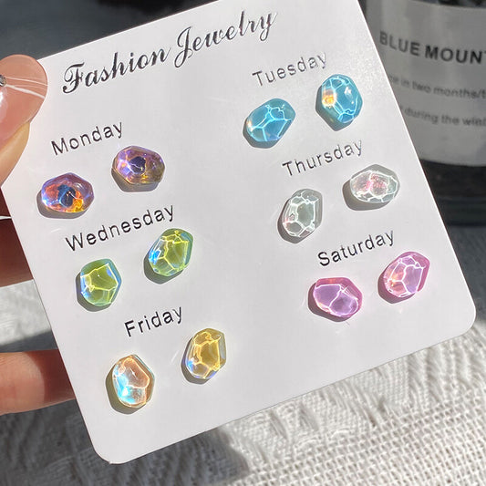 12-Piece Ice Clear Colorful Stone Stud Earrings Set | S925 Sterling Silver Needle | Weekly Daily Wear Jewelry for Women