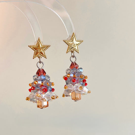 Christmas Star & Crystal Tree Drop Earrings - Handmade Beaded Holiday Jewelry