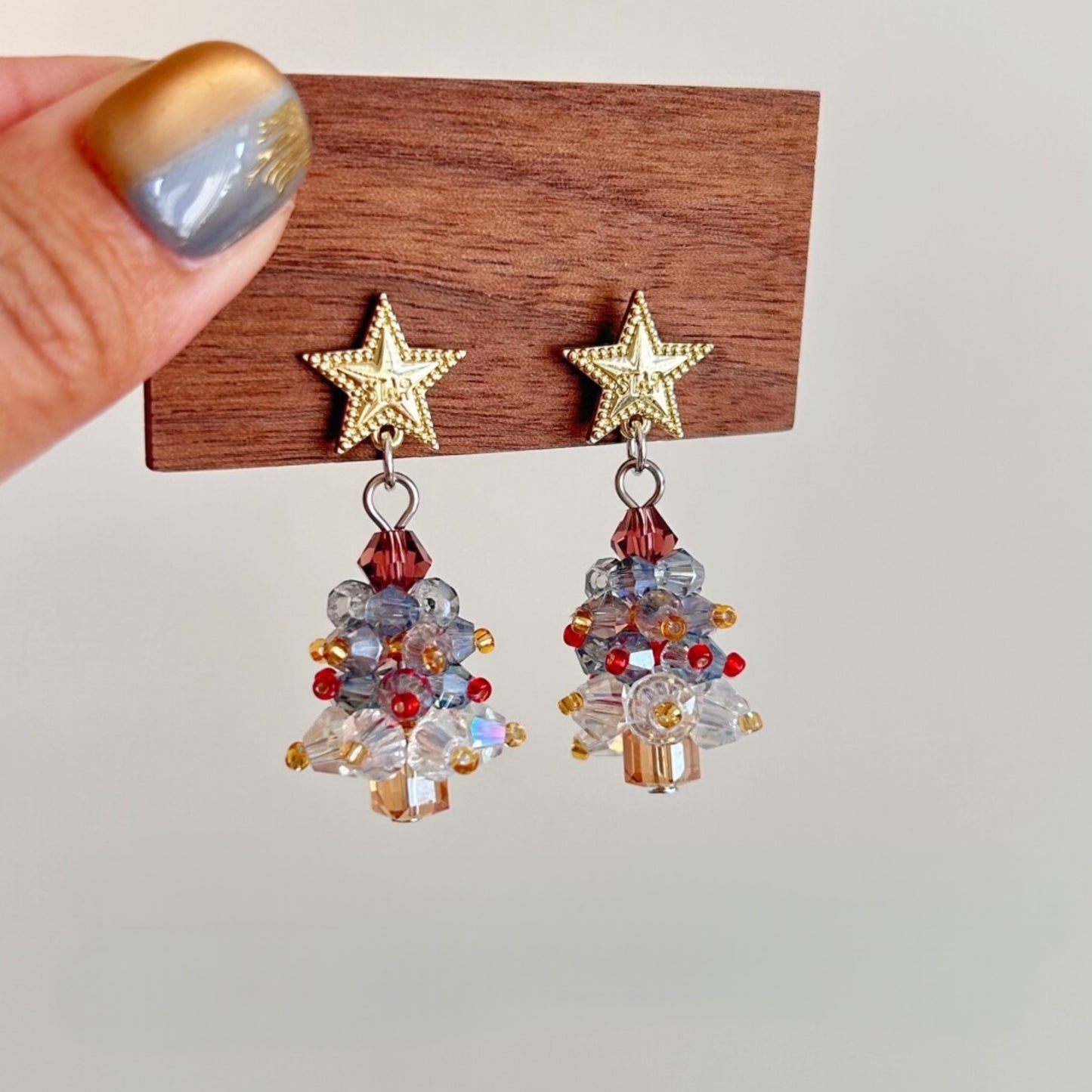 Christmas Star & Crystal Tree Drop Earrings - Handmade Beaded Holiday Jewelry
