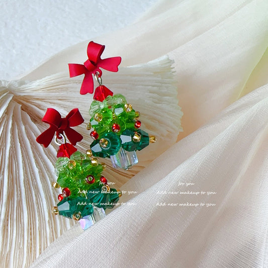 Red bow Christmas tree earrings